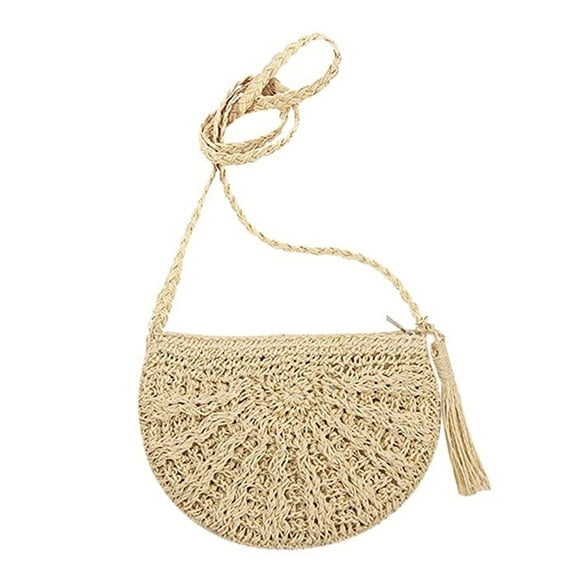 Summer Beach Boho Women Straw Tassel Semicircle Zipper Crossbody Shoulder Bag
