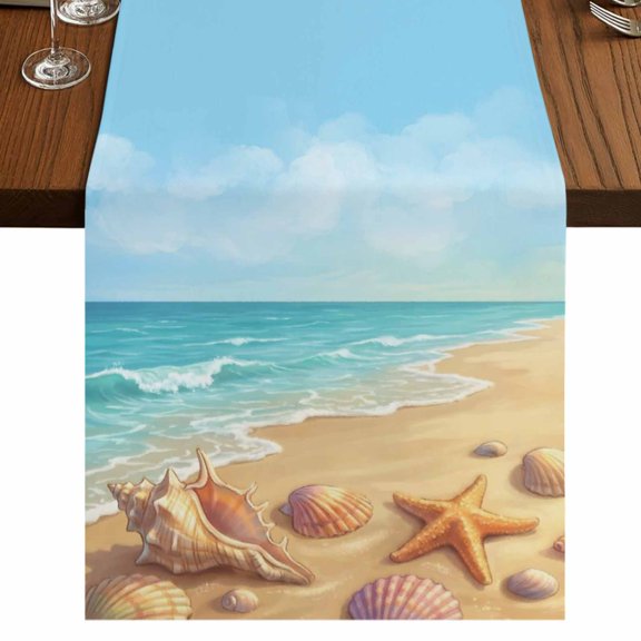 Summer Beach Burlap Cotton Table Runner 13x108 Inches Long, Coastal Ocean Waves Sandy Conch Starfish Farmhouse Table Runners, Outdoor Dining Tablecloths Decor for Baby Shower/Party/Wedding