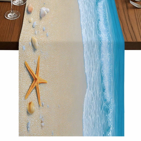 Summer Beach Burlap Cotton Table Runner 13x70 Inches Long, Coastal Ocean Waves Starfish Shell Farmhouse Table Runners, Outdoor Dining Tablecloths Decor for Baby Shower/Party/Wedding