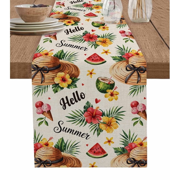 Summer Beach Burlap Cotton Table Runner 14x72 Inches Long, Straw Hat Coconut Watermelon Tropical Farmhouse Table Runners, Outdoor Dining Tablecloths Decor for Baby Shower/Party/Wedding