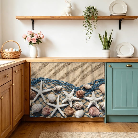 Summer Beach Cabinet Curtains 10" W x 11" L Seaside Starfish Shell Fishing Net Conch Sand Waterproof Adhesive Kitchen Under Sink Curtain Dust-Proof Dishwasher Skirt for Closet