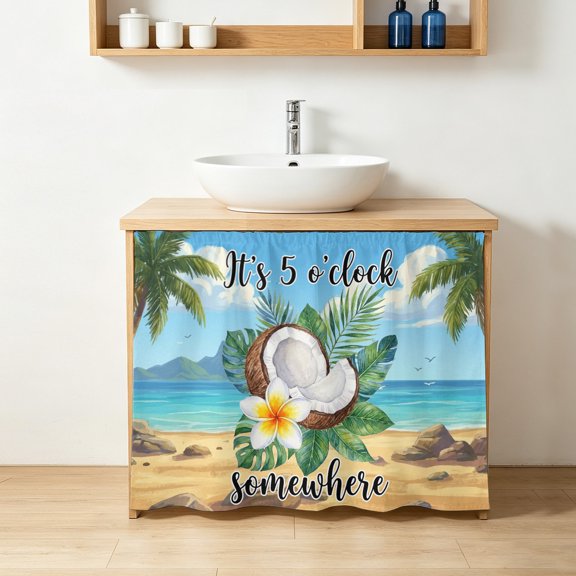 Summer Beach Cabinet Curtains 11" W x 13" L, It's 5 O'clock Somewhere Tropical Coconut Floral Under-Desk Privacy Dust Proof Drape Dishwasher Curtain Sink Skirt for Kitchen Closet Bathroom Laundry