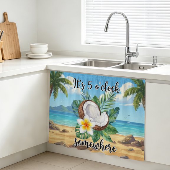 Summer Beach Cabinet Curtains for Kitchen 11"W x 13"L, It's 5 O'clock Somewhere Tropical Coconut Floral Vanity Cabinet Curtains Magic Tape Short Curtain Decor Privacy Panel for Bathroom Laundry