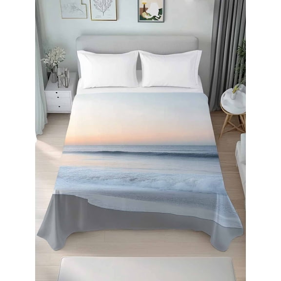 Summer Beach California King Size Flat Sheet, Wrinkleproof & Fadeproof Cooling Flat Bed Sheet Only, Coastal Nautical Seaside Ocean Breathable Soft Bedding Top Sheets 108 x 98 Inches