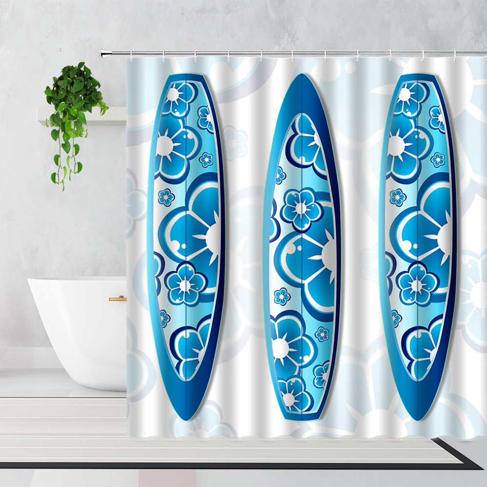 Summer Beach Camping Car Shower Curtain Sunshine Palm Tree Surfboard