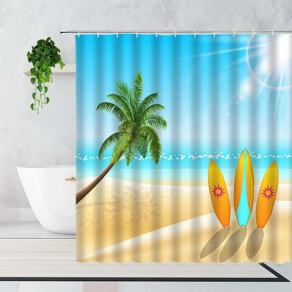 Summer Beach Camping Car Shower Curtain Sunshine Palm Tree Surfboard
