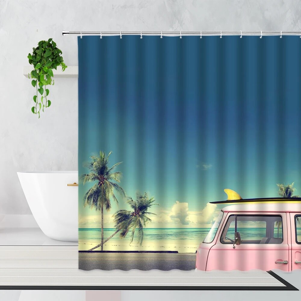 Summer Beach Camping Car Shower Curtain Sunshine Palm Tree Surfboard