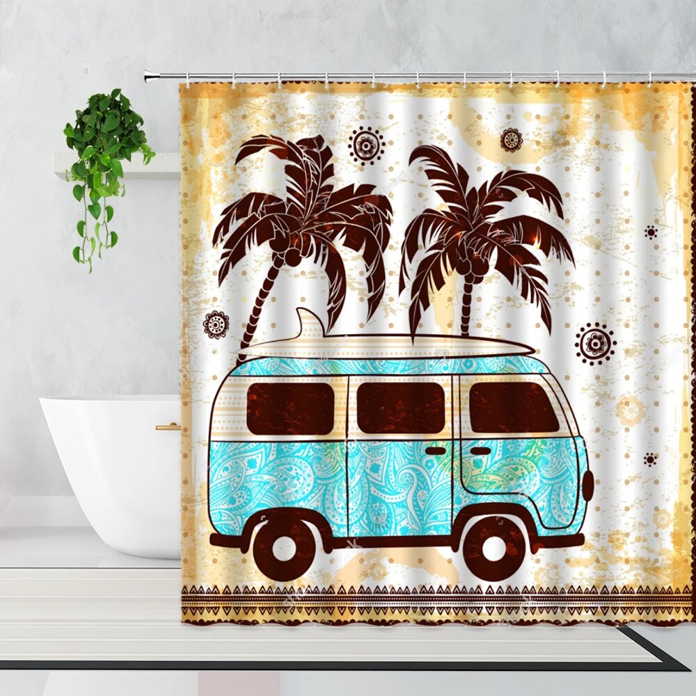 Summer Beach Camping Car Shower Curtain Sunshine Palm Tree Surfboard