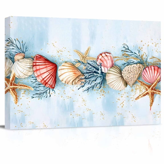 Summer Beach Canvas Print Wall Art Theme Shell Starfish Coral Nautical Coastal Pictures Painting Morden Artwork for Living Room Bedroom, Ready to Hang - 12"x16"