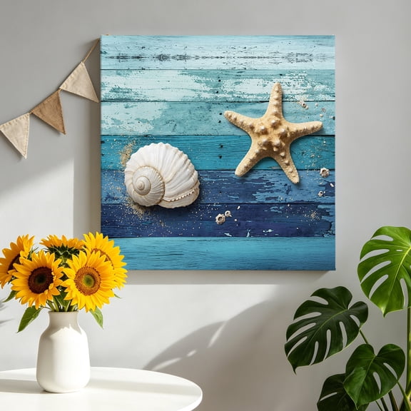 Summer Beach Canvas Wall Art, Coastal Starfish Shell Beach Blue Ombre Wood Pictures Wall Decor Wooden Framed Artwork Art Prints for Living Room Hallway Bedroom Office 10"x10"