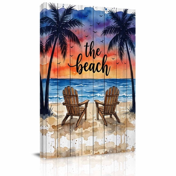 Summer Beach Canvas Wall Art for Living Room, Coastal Ocean Red Sunset Coconut Trees Chair Poster Print Painting for Bedroom Office Home Decoration Wall Pictures Prepare To Hang 24"x32"