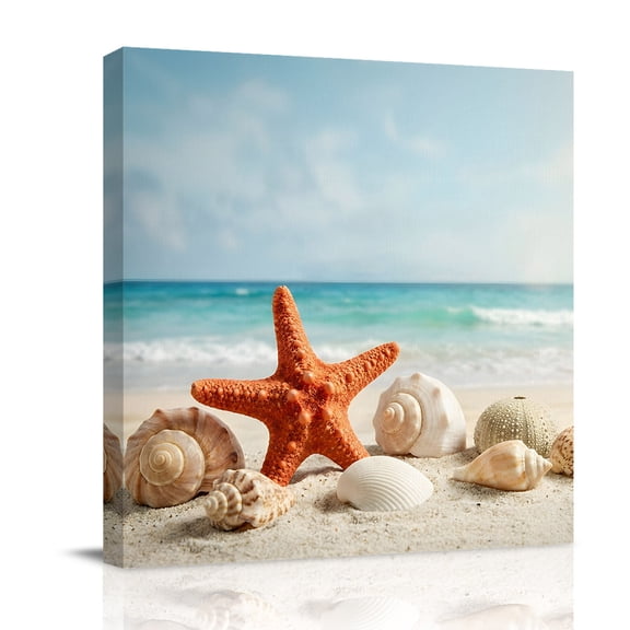 Summer Beach Canvas Wall Art for Living Room, Vacation Sand Starfish Seashell Blue Sky Sea Wave Poster Print Painting for Bedroom Office Home Decoration Wall Pictures Prepare To Hang 8"x8"