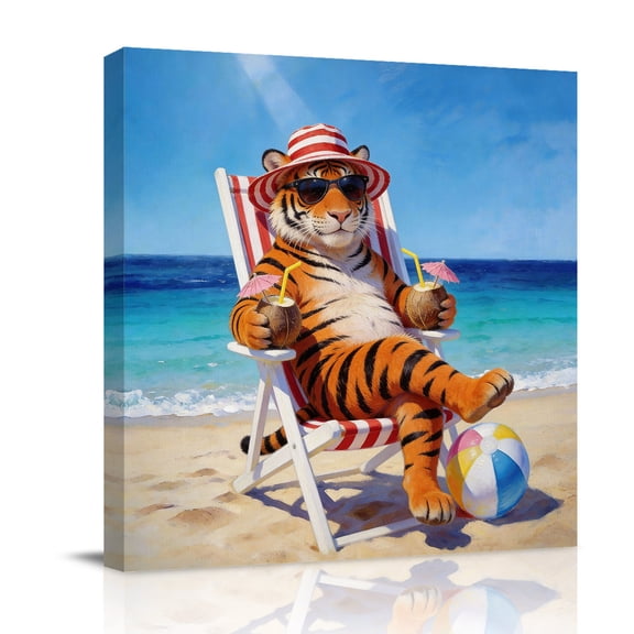 Summer Beach Canvas Wall Art for Living Room, Watercolor Funny Tiger Tropical Coconut Coral Landscape Poster Print Painting for Bedroom Office Home Decoration Wall Pictures Prepare To Hang 10"x10"