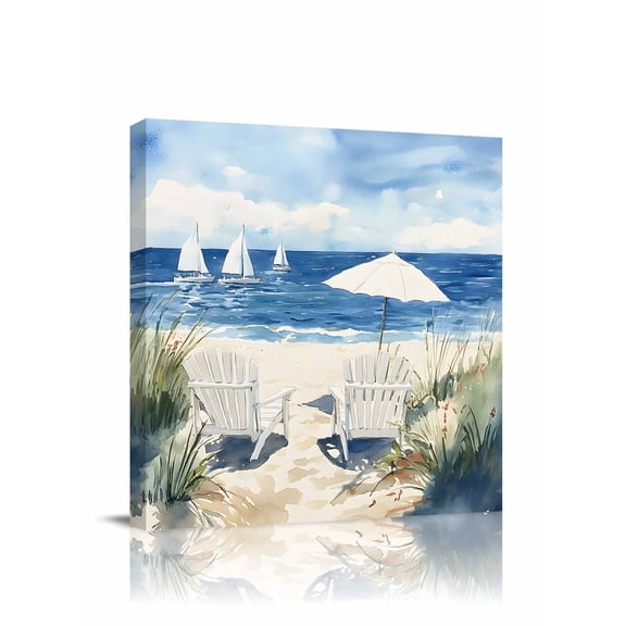 Summer Beach Canvas Wall Art, Sun Umbrella Ship Watercolor Beach Chair Framed Wall Decor Modern Artwork Prints Painting for Living Room, Bedroom, Kitchen & Cafe Decor 28x28 Inch