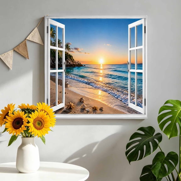 Summer Beach Canvas Wall Art, Tropical Coastal Outside Window Ocean View Shell Framed Canvas Wall Decor Picture Print Artwork Decorations for Living Room Office Ready to Hang 8" x 8"