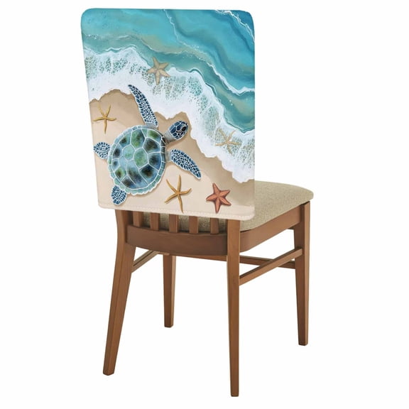 Summer Beach Chair Back Covers Set of 1, Sea Turtle Spray Starfish Stretch Dining Chair Back Slipcovers Removable Seat Cover for Kitchen Restaurant Hotel Cafe