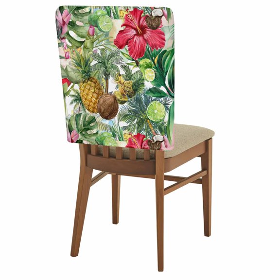 Summer Beach Chair Back Covers Set of 8 Realistic Pineapple Green Lemon Coconut Red Hibiscus Removable Dining Chair Slipcovers Washable Seat Protector for Restaurant Party Banquet Kichen Decor