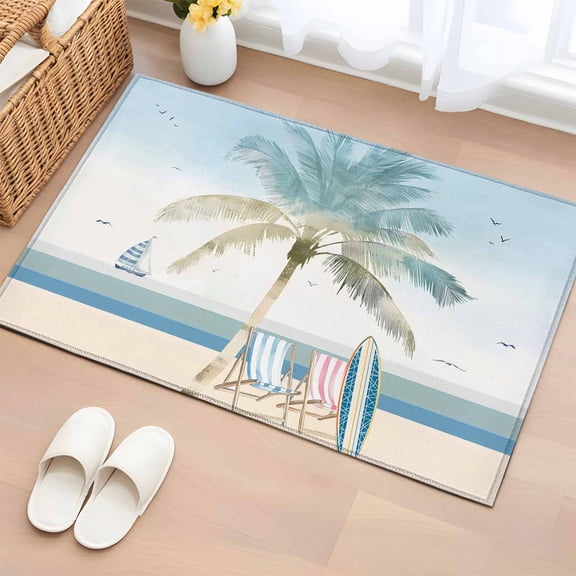 Summer Beach Chair Bathroom Mats 2x3 FT, Non Slip Small Kitchen Mat, Coastal Palm Trees Canoeing Washable Soft Backed Front Door Throw Rugs Non-Shedding Indoor Outdoor Doormat for Entryway Sink