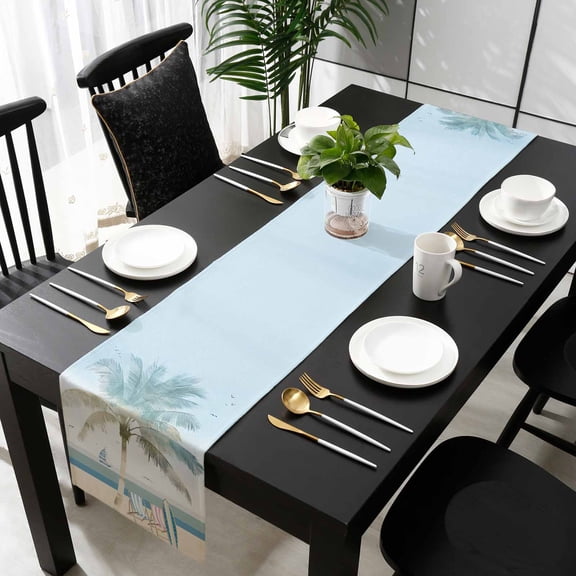 Summer Beach Chair Cotton Linen Table Runner 18 x 72 inch Coastal Palm Trees Canoeing Non-slip Rectangular Dining Table Decor for Wedding Party Holiday Dinner