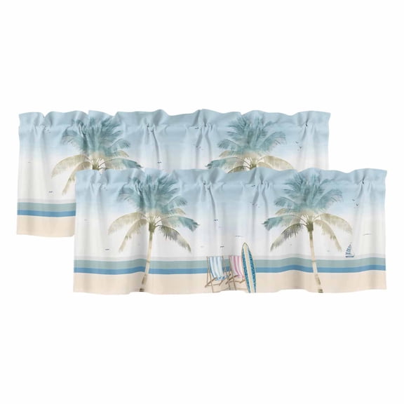 Summer Beach Chair Curtain Valances for Windows, Coastal Palm Trees Canoeing Light Filtering Kitchen Curtains, Rod Pocket Window Valance Curtains for Living Room Bedroom, 54" W x 18" L, 2 Panels
