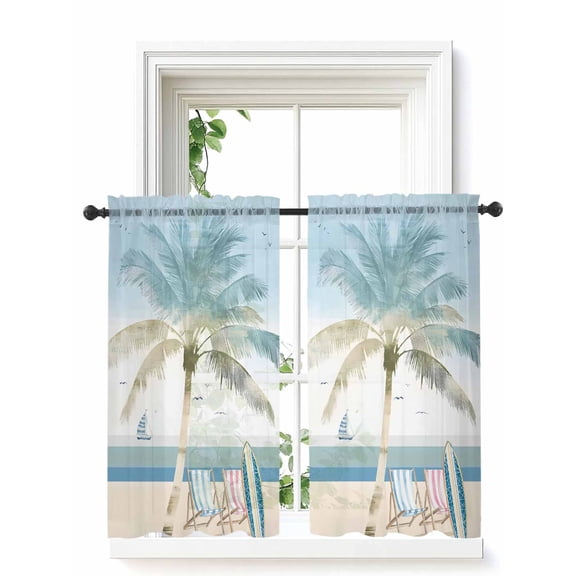 Summer Beach Chair Curtains 54 Inch Length, Sheer Curtains for Bedroom Living Room Window Coastal Palm Trees Canoeing Rod Pocket Voile Drapes Kitchen Curtains Small Half Window 52"x54" 2 Panels