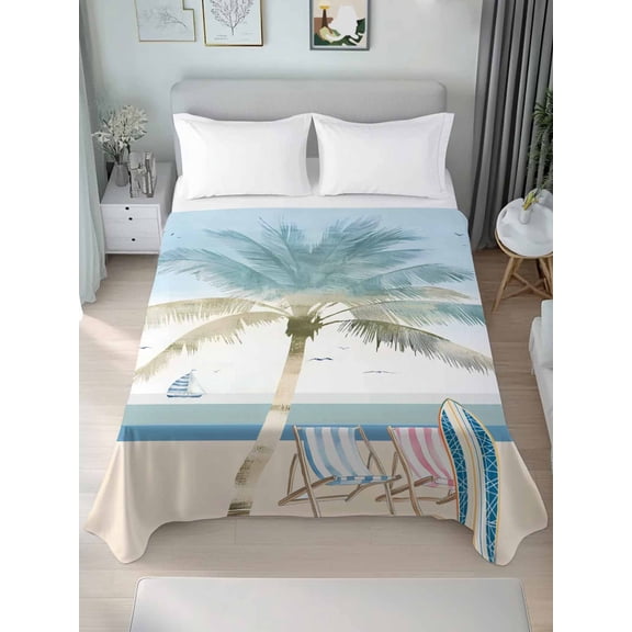 Summer Beach Chair Queen Size Flat Sheet, Wrinkleproof & Fadeproof Cooling Flat Bed Sheet Only, Coastal Palm Trees Canoeing Breathable Soft Bedding Top Sheets 90 x 102 Inches