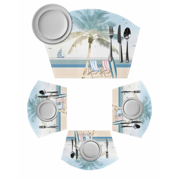 Summer Beach Chair Round Table Placemats Set of 2 Wedge Placemats, Coastal Palm Trees Canoeing Place Mats for Dining Table Set Washable Mats Kitchen Decor for Indoor Outdoor Wipe Clean