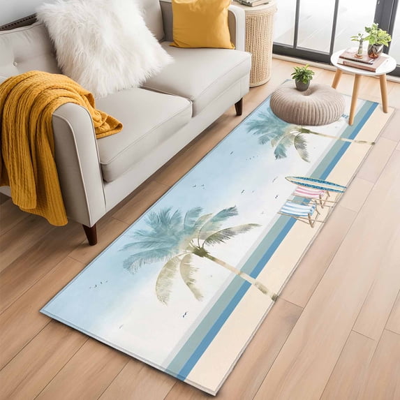Summer Beach Chair Runner Rug 2x6 FT, Non Slip Hallway Rugs, Coastal Palm Trees Canoeing Washable Soft Floor Carpet Non-Shedding Throw Runner Carpet Long Rug for Entryway Kitchen Bedside Sliding Door