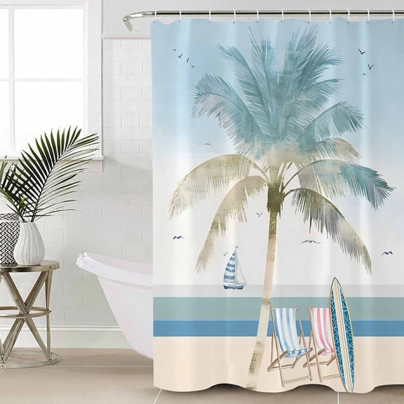Summer Beach Chair Standard Shower Curtain Set, Waterproof Shower Curtains for Bathroom, Coastal Palm Trees Canoeing Washable Fabric Cloth Bath Curtain for Bathtub Decoration with Hooks 72x72 Inches