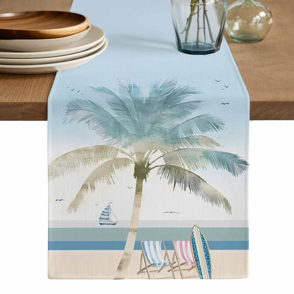 Summer Beach Chair Table Runner, Coastal Palm Trees Canoeing Washable Cotton Linen Table Runners 36 Inches Long, Dresser Scarf Runner for Nightstand/End Tables/Round Tables 13''x36''