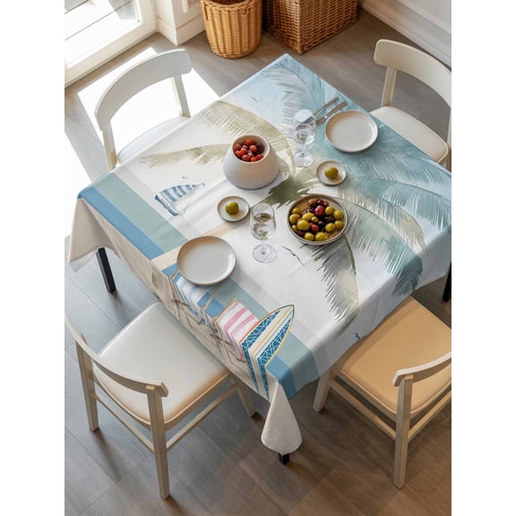 Summer Beach Chair Tablecloth Square Table Cloth 54x54, Waterproof Outdoor Table Cloth Covers Decorative Table Protector, Coastal Palm Trees Canoeing Washable Table Cover for Kitchen Dinning Party