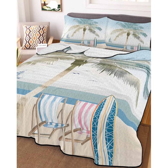 Summer Beach Chair Twin XL Size Down Alternative Comforter, Lightweight Comforter Quilt Bedding Set with Pillow Shams Coastal Palm Trees Canoeing All Seasons Bed Comforter Duvet Insert 68"x98"