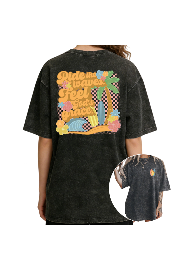 Summer Beach Christian Surfer Black Washed Palm Tree Surfboard Print Tshirt Graphic Tees Shirts S-2XL Tops