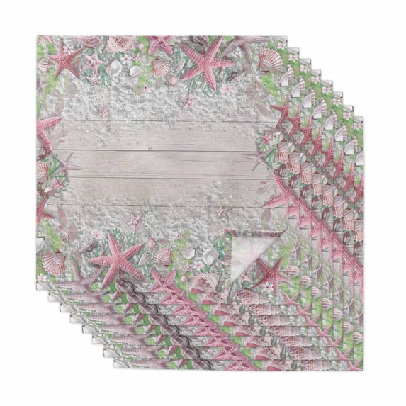 Summer Beach Cloth Napkins, Pink Starfish Ocean Conch Grey Wood Grain Washable and Reusable Dinner Napkins Set of 8, Table Napkin for Kitchen Party Birthday Wedding Hotel Housewarming 20"x20"