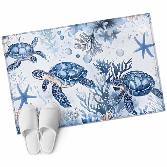 Summer Beach Coastal Bathroom Mat 2x3 FT, Non Slip Small Kitchen Mat, Sea Turtle Coral Nautical Washable Soft Backed Front Door Throw Rug Non-Shedding Indoor Outdoor Doormat for Entryway Sink