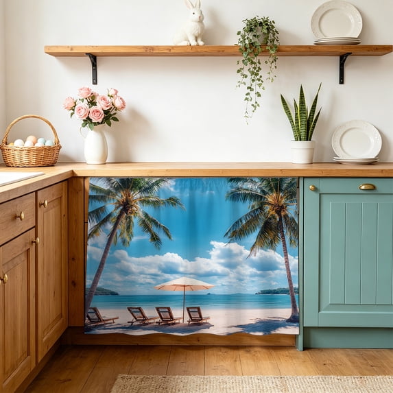 Summer Beach Coastal Cabinet Curtain 28"Wx35"L,Dustproof Under Sink Skirt with Self Adhesive Tape,Blue Sea Ocean Landscape Hawaii Cabinet Curtain Cover for Bathroom Vanity,Kitchen Sink,Laundry Room