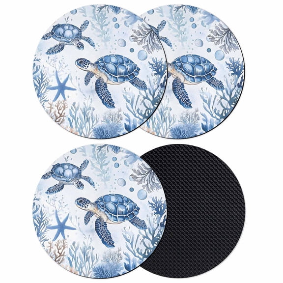 Summer Beach Coastal Coasters Set of 4, Sea Turtle Coral Nautical Absorbent Coasters for Drinks, Coaster for Bar Office Dining Coffee Table Accessories Decor, Non Slip Round Desk Coaster