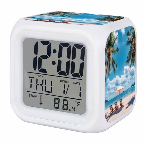 Summer Beach Coastal Digital Alarm Clock for Bedrooms, Smart LED Alarm Clock with 7 Color Changing Night Light, Blue Sea Ocean Landscape Hawaii Silent Wake Up Clocks for Sleep Study Cooking 3.2"x3.2"
