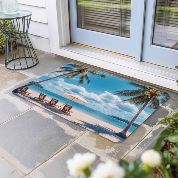 Summer Beach Coastal Door Mat Indoor Outdoor, Blue Sea Ocean Landscape Hawaii Non Slip Welcome Mat with Rubber Backing, Absorbent Fabric Front Door Mats Entryway Rug for Home Patio Entrance 16"x24"