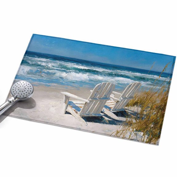 Summer Beach Coastal Entryway Rug 2x3ft Washable Non Slip Bathroom Rug Indoor Floor Front Door Mat Blue Sea Ocean Waves Seaside White Chair Rectangle Area Rugs Carpet for Kitchen Office Dining Room