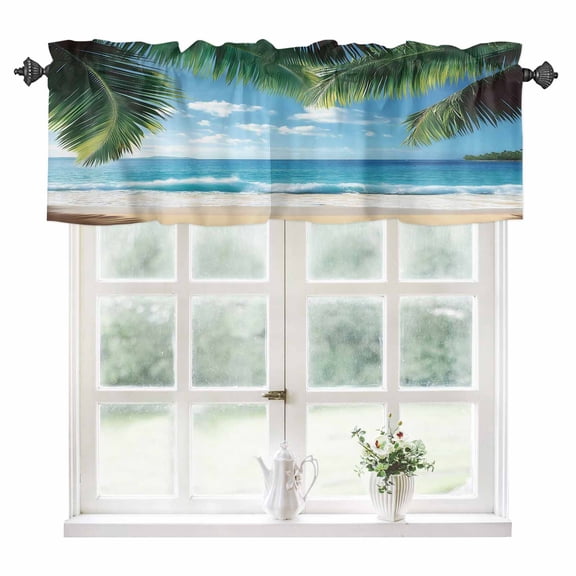 Summer Beach Coastal Kitchen Valances for Windows 42x18 Inch Kitchen Curtains Valances Rod Pocket Palm Tree Sandy Vacation Bathroom Window Valances for Window Treatment Decor