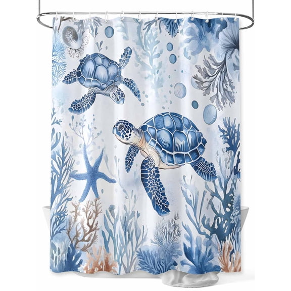 Summer Beach Coastal Long Shower Curtain Set, Waterproof Shower Curtains for Bathroom, Sea Turtle Coral Nautical Washable Fabric Cloth Bath Curtain for Bathtub Decoration with Hooks 72x84 Inches