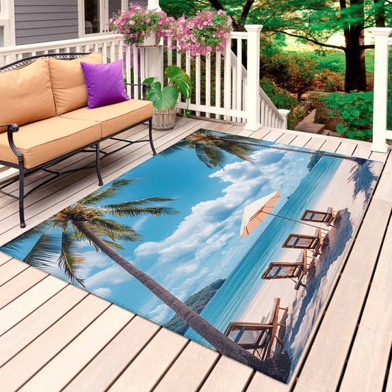 Summer Beach Coastal Outdoor Rug for Patio/Deck/Porch, Non-Slip Large Area Rug 5 x 7 Ft, Blue Sea Ocean Landscape Hawaii Indoor Outdoor Rugs Washable Area Rugs, Reversible Camping Rug Carpet Runner
