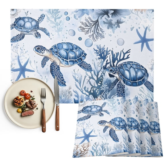 Summer Beach Coastal Placemats Set of 2, Sea Turtle Coral Nautical Washable Wipeable Table Mats for Dining Tables, Indoor Outdoor Kitchen Place Mats for Holiday Party Table Decor