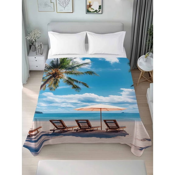 Summer Beach Coastal Queen Size Flat Sheet, Wrinkleproof & Fadeproof Cooling Flat Bed Sheet Only, Blue Sea Ocean Landscape Hawaii Breathable Soft Bedding Top Sheets 90 x 102 Inches