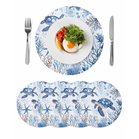 Summer Beach Coastal Round 13 Inch Placemats Set of 4, Sea Turtle Coral Nautical HeatResistant Non Slip Place Mats for Dining Table, Wipeable Braided Kitchen Table Mats for Housewarming