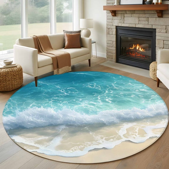 Summer Beach Coastal Round Rugs 7ft, Watercolor Seaside Waves Ocean Non Slip Washable Rug Runner, Low Pile Indoor Floor Carpet Mat Bathroom Rugs for Living Room, Bedroom, Kids Room