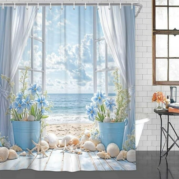 Summer Beach Coastal Shower Curtain, Beach Ocean Shower Curtain Hawaiian Seaside Scenery Bathroom Curtain, Waterproof Summer Seaside Floral Shower Curtain Set with 12 Hooks,36x72