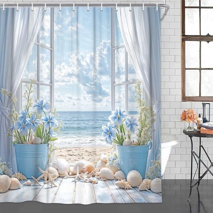 Summer Beach Coastal Shower Curtain, Beach Ocean Shower Curtain Hawaiian Seaside Scenery Bathroom Curtain, Waterproof Summer Seaside Floral Shower Curtain Set with 12 Hooks,72x72