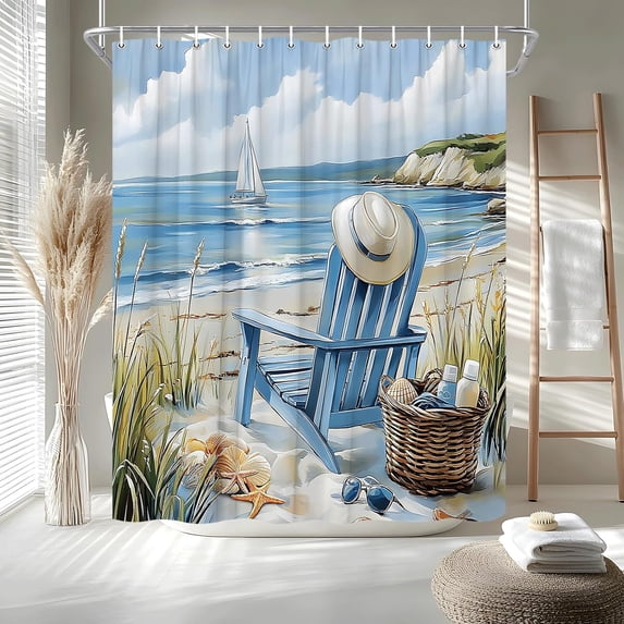 Summer Beach Coastal Shower Curtain Blue Sea Ocean Landscape Beachy Recliner Chair Hat Starfish Hawaii Scenery Waves Seaside Bath Curtain Fabric Bathroom Accessories Decor with Hooks